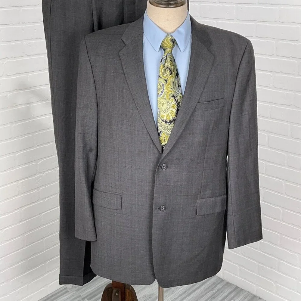 Calvin Klein‎ Suit Men 44 38Wx32L Gray Blue Plaid Wool Union Canada